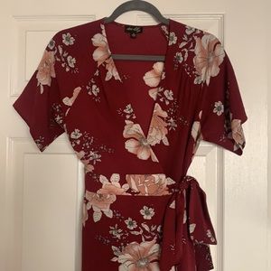 Lulus red floral floor length wrap dress.